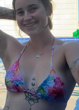 Load image into Gallery viewer, Person wearing a colorful bikini standing by a poolside.