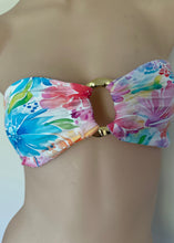 Load image into Gallery viewer, Colorful floral strapless bikini top on a plain background
