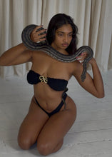 Load image into Gallery viewer, A woman kneels on a white wooden floor in front of beige curtains, wearing a black bandeau bikini with a gold ring detail. A large gray and black snake is draped over her shoulders and around her arms.
